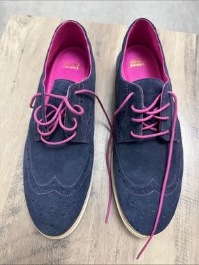 Johnston & Murphy Navy Suede Moccasins with Pink Accents